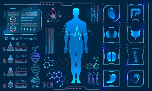 医疗保健人类虚拟身体高科技诊断面板, 医学研究照片